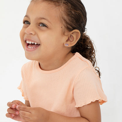 Age Group: Ideal for Toddlers, Young Girls or Pre-Teens; Safe for Sensitive Ears
Material: 925 Sterling Silver
Size: 10mm W x 7mm H crown; 9mm threaded earring post
Metal Stamp: 925
Window Box Included
5-point crown earrings with purple CZ. Picture close up of them being worn by a toddler girl.