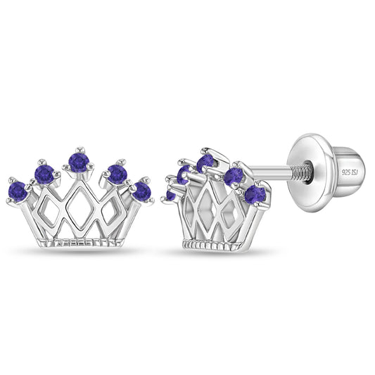 Age Group: Ideal for Toddlers, Young Girls or Pre-Teens; Safe for Sensitive Ears
Material: 925 Sterling Silver
Size: 10mm W x 7mm H crown; 9mm threaded earring post
Metal Stamp: 925
Window Box Included
5-point crown earrings with purple CZ. Picture close up of them