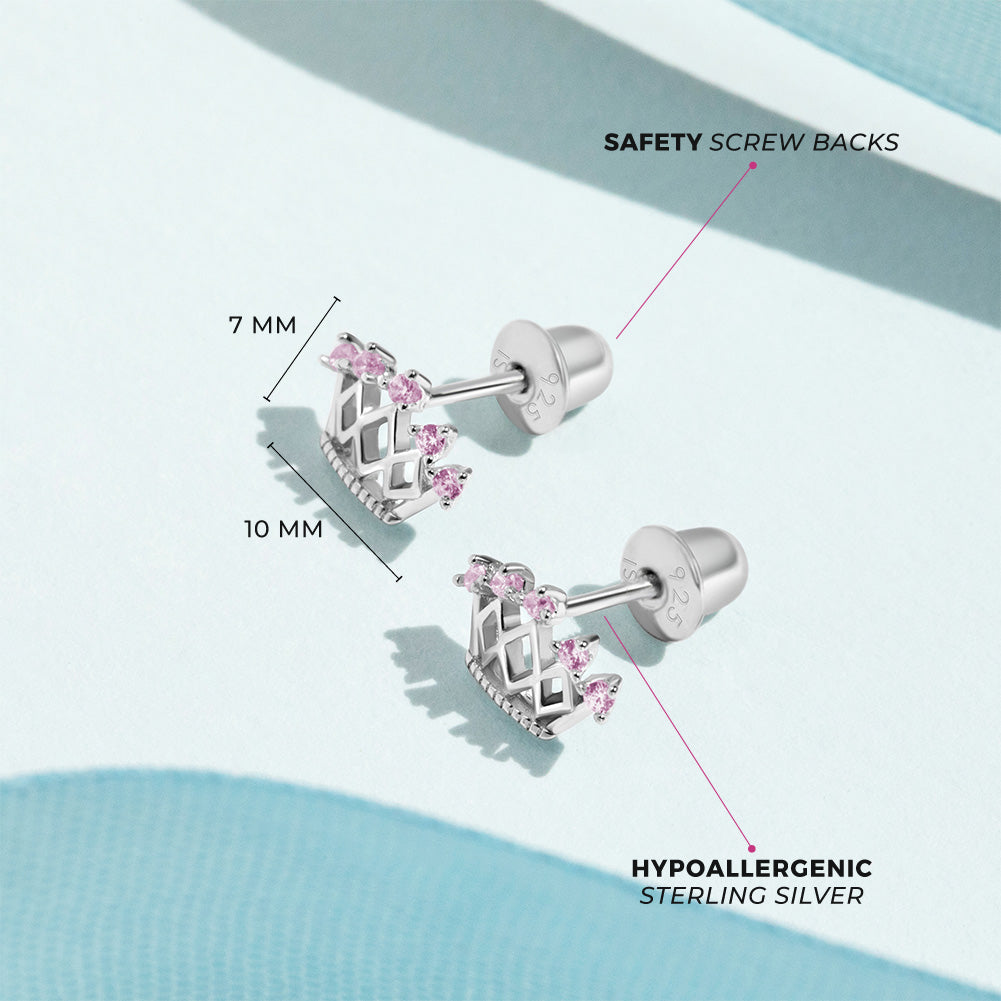 Age Group: Ideal for Toddlers, Young Girls or Pre-Teens; Safe for Sensitive Ears
Material: 925 Sterling Silver
Size: 10mm W x 7mm H crown; 9mm threaded earring post
Metal Stamp: 925
Window Box Included
5-point crown earrings with pink CZ. Picture close up of them with measurements listed