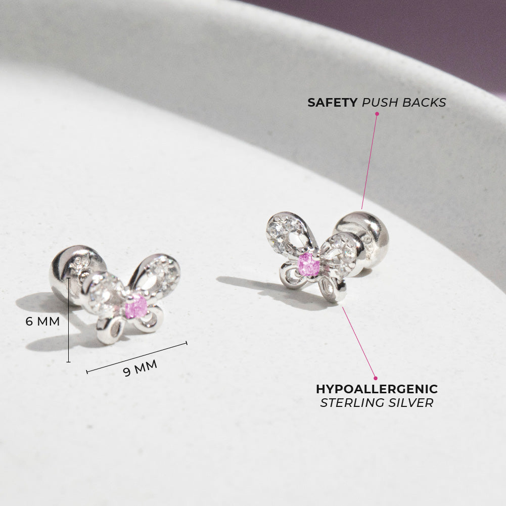 Age Group: Ideal for Infants, Toddlers and Girls; Safe for Sensitive Ears
925 Sterling Silver
Earrings Size: 9mm W x 6mm H Bow; 8mm post
Main Stone: Pink and Clear Cubic Zirconia
Metal Stamp: 925
Window Box Included
Picture of butterfly earrings with dimensions and materials listed 