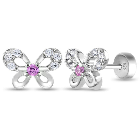 Age Group: Ideal for Infants, Toddlers and Girls; Safe for Sensitive Ears
925 Sterling Silver
Earrings Size: 9mm W x 6mm H Bow; 8mm post
Main Stone: Pink and Clear Cubic Zirconia
Metal Stamp: 925
Window Box Included
Picture of butterfly earrings close up