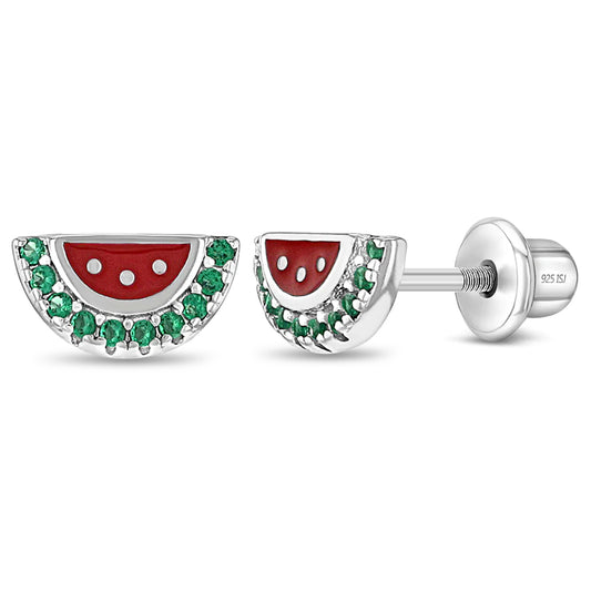 Age Group: Ideal for Toddlers and Little Girls
Size: 9mm W x 5mm H (green) watermelon; 7mm threaded earring post
Material: 925 Sterling Silver
Stone: Cubic Zirconia
Metal Stamp: 925
Window Box Included
picture of watermelon earrings close up with white background