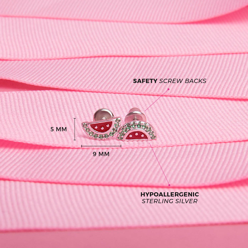 Age Group: Ideal for Toddlers and Little Girls
Size: 9mm W x 5mm H (green) watermelon; 7mm threaded earring post
Material: 925 Sterling Silver
Stone: Cubic Zirconia
Metal Stamp: 925
Window Box Included
Picture of the watermelon earrings with measurements and details on materials with pick background
