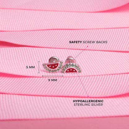 Age Group: Ideal for Toddlers and Little Girls
Size: 9mm W x 5mm H (green) watermelon; 7mm threaded earring post
Material: 925 Sterling Silver
Stone: Cubic Zirconia
Metal Stamp: 925
Window Box Included
Picture of the watermelon earrings with measurements and details on materials with pick background