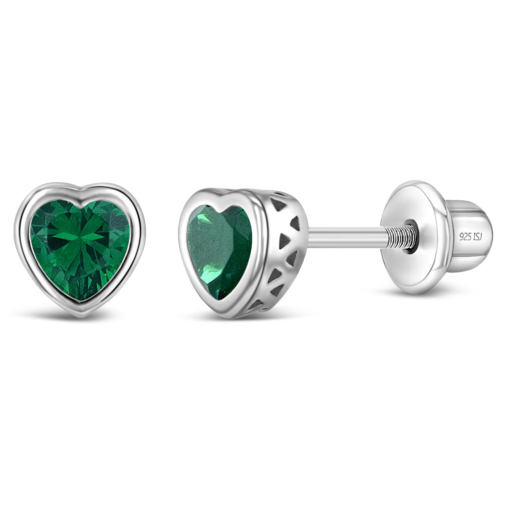 Heart-shaped green gemstone earrings with silver setting on a white background