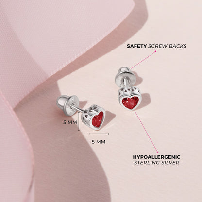 Sterling Silver CZ Birthstone Heart Screw Back Girls Earrings