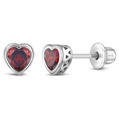 Sterling Silver CZ Birthstone Heart Screw Back Girls Earrings