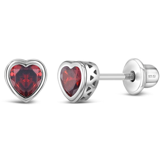 Sterling Silver CZ Birthstone Heart Screw Back Girls Earrings