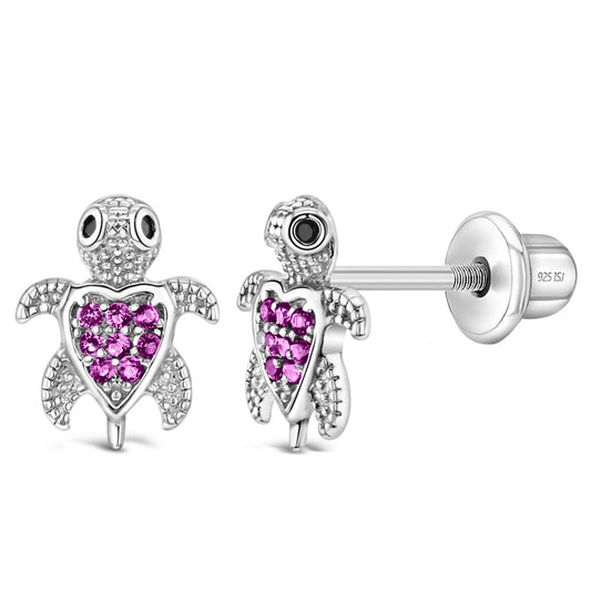 Age Group: Adorable for Little Girls, Young Teens to Teens (ages 5-15 years); Safe for Sensitive Ears
Material: 925 Sterling Silver
Earrings Size: 8mm W x 10mm H turtle, cubic zirconia; 7mm threaded earring post
Metal Stamp: 925
hot pink turtle earrings picture close up