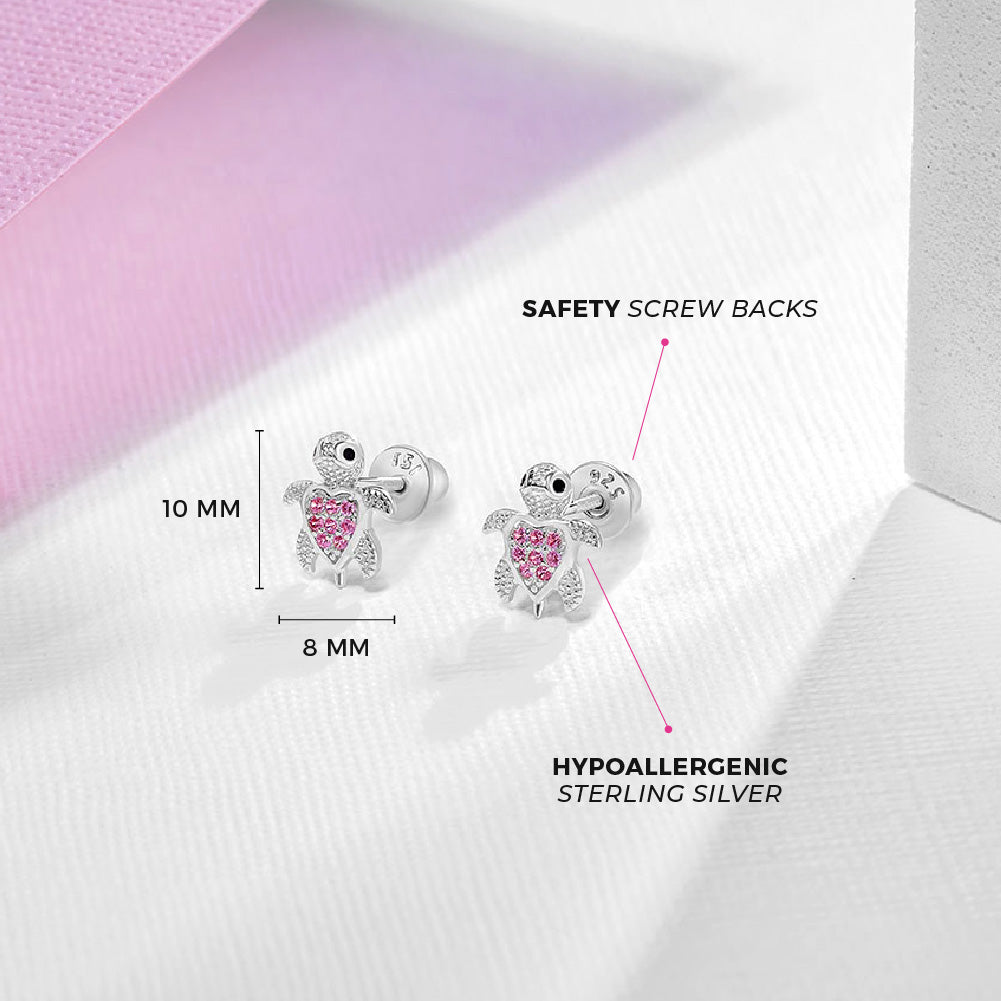 Age Group: Adorable for Little Girls, Young Teens to Teens (ages 5-15 years); Safe for Sensitive Ears
Material: 925 Sterling Silver
Earrings Size: 8mm W x 10mm H turtle, cubic zirconia; 7mm threaded earring post
Metal Stamp: 925
Hot pink turtle earrings picture with details on measurements and materials