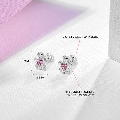 Age Group: Adorable for Little Girls, Young Teens to Teens (ages 5-15 years); Safe for Sensitive Ears
Material: 925 Sterling Silver
Earrings Size: 8mm W x 10mm H turtle, cubic zirconia; 7mm threaded earring post
Metal Stamp: 925
Hot pink turtle earrings picture with details on measurements and materials