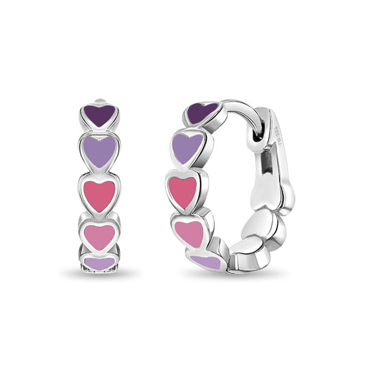 Age Group: Cute for Girls or Teens; Safe for Sensitive Ears
925 Sterling Silver
Earring Size: Outer: 0.47 in. (12mm); Inner: 0.35 in. (9mm)
Metal Stamp: 925
Cascading heart design with purple and pink earrings on sterling silver. Picture of close up