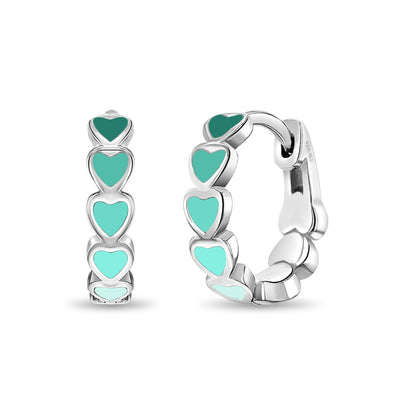 Age Group: Cute for Girls or Teens; Safe for Sensitive Ears
925 Sterling Silver
Earring Size: Outer: 0.47 in. (12mm); Inner: 0.35 in. (9mm)
Metal Stamp: 925
Cascading heart design with green tones earrings on sterling silver. Picture of close up