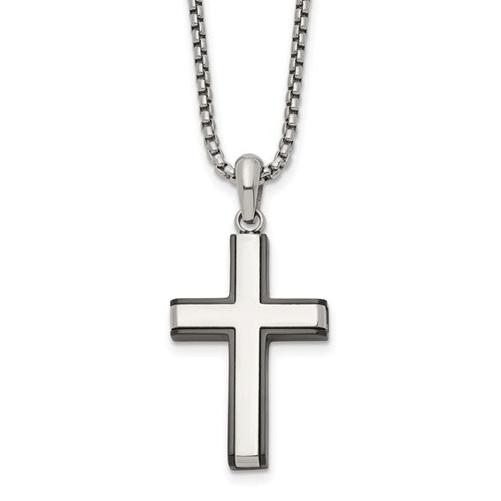 Silver cross pendant necklace on a white background
Material: stainless steel, Black IP=plated edges cross pendant
Color: silver, black
Closure: lobster clasp
Measurement: 20" chain, 1.75"x1.25" cross pendant