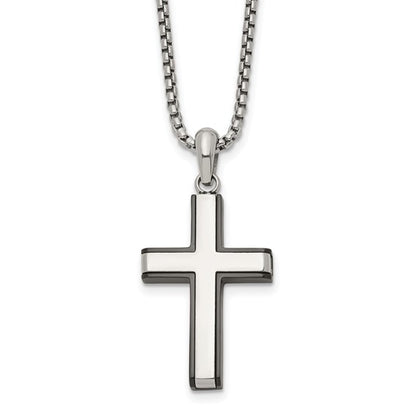 Silver cross pendant necklace on a white background
Material: stainless steel, Black IP=plated edges cross pendant
Color: silver, black
Closure: lobster clasp
Measurement: 20" chain, 1.75"x1.25" cross pendant