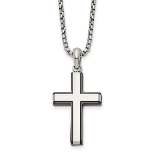 Silver cross pendant necklace on a white background
Material: stainless steel, Black IP=plated edges cross pendant
Color: silver, black
Closure: lobster clasp
Measurement: 20" chain, 1.75"x1.25" cross pendant