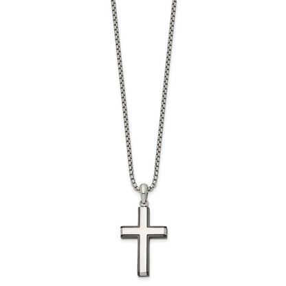 Silver cross pendant necklace on a white background
Material: stainless steel, Black IP=plated edges cross pendant
Color: silver, black
Closure: lobster clasp
Measurement: 20" chain, 1.75"x1.25" cross pendant