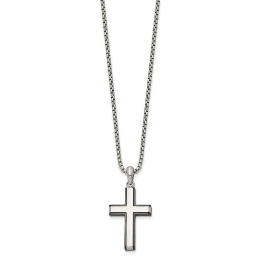 Silver cross pendant necklace on a white background
Material: stainless steel, Black IP=plated edges cross pendant
Color: silver, black
Closure: lobster clasp
Measurement: 20" chain, 1.75"x1.25" cross pendant