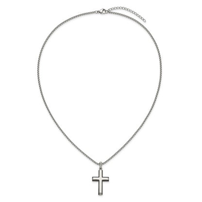 Silver cross necklace on a white background
Material: stainless steel, Black IP=plated edges cross pendant
Color: silver, black
Closure: lobster clasp
Measurement: 20" chain, 1.75"x1.25" cross pendant