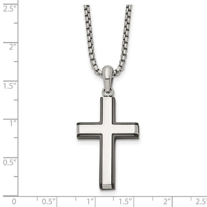 Cross pendant necklace with measurement scale on a white background
Material: stainless steel, Black IP=plated edges cross pendant
Color: silver, black
Closure: lobster clasp
Measurement: 20" chain, 1.75"x1.25" cross pendant
