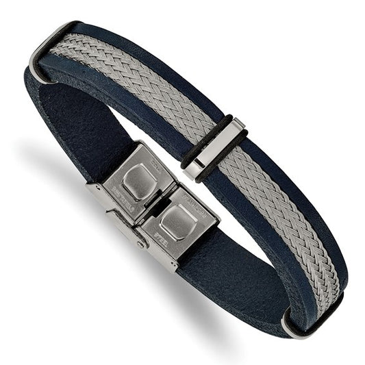 Bracelet with blue and gray braided straps and silver clasp on a white background
Material: stainless steel, blue leather, wire

Color: silver, blue, grey

Closure: buckle clasp

Measurement: 8.5" circumference