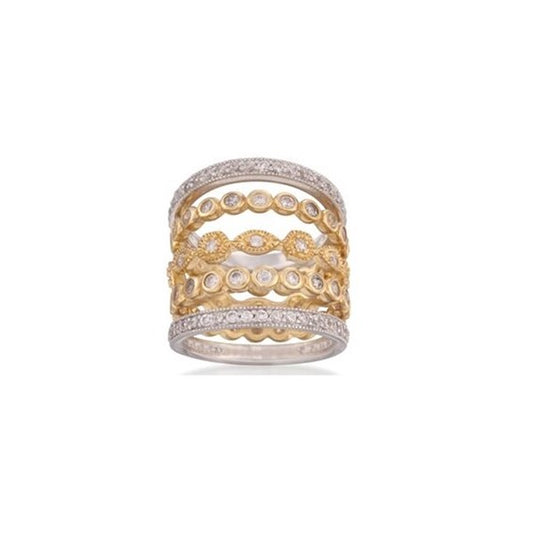 Set of gold and silver rings with diamond accents on a white background
Material: sterling silver, 3 10K gold plated rings, 2 rhodium plated rings, CZ stones
Color: yellow gold and silver tone
Style: stackable, infinity stone designs
Measurement: 2 mm width