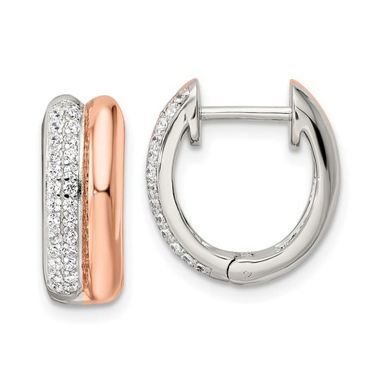 Pair of rose gold and silver hoop earrings with clear cz on a white background
Material: sterling silver, rose-toned (Flash Plating), pave CZ
Color: silver and rose-gold
Closure: Post, Notch, Lock
Measurement: 6.05 mm thickness, 16.5 mm length, 15.2 mm width