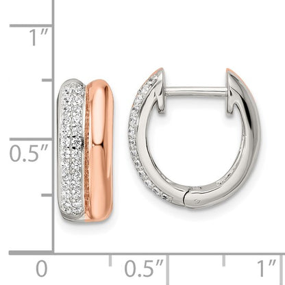 Rose gold and silver hoop earrings with clear stones, shown with a measurement scale.
Material: sterling silver, rose-toned (Flash Plating), pave CZ
Color: silver and rose-gold
Closure: Post, Notch, Lock
Measurement: 6.05 mm thickness, 16.5 mm length, 15.2 mm width