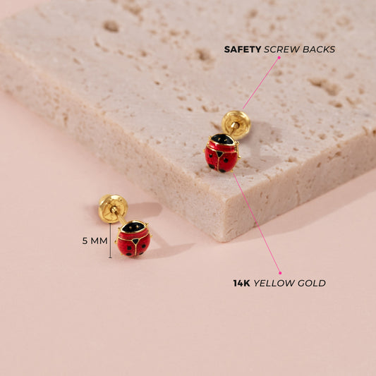 Age Group: Cute for Infants, Toddlers and Little Girls; Safe for Sensitive Ears
Material: 14k Yellow Gold
Earring Size: 5mm ladybug, enamel; 7mm threaded earring post
Color: Enamel
Metal Stamp: 14k
Ladybug Earrings picture with measurements and materials listed