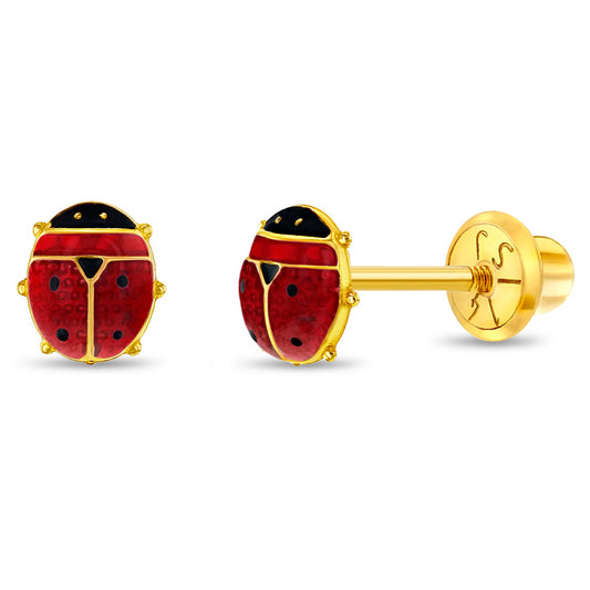 Age Group: Cute for Infants, Toddlers and Little Girls; Safe for Sensitive Ears
Material: 14k Yellow Gold
Earring Size: 5mm ladybug, enamel; 7mm threaded earring post
Color: Enamel
Metal Stamp: 14k
Ladybug stud earrings close up picture