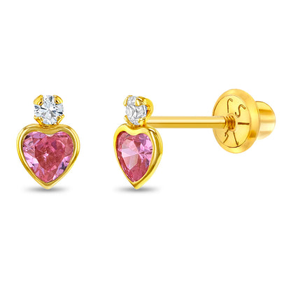 Age Group: Adorable for Infants, Toddlers &amp; Little Girls; Safe for Sensitive Skin
Material: 14k Yellow Gold
Earring Size: 5mm W x 6mm H (pink) heart, (clear) round cubic zirconia; 8mm threaded post
Main Stone: Clear &amp; Pink Cubic Zirconia
Metal Stamp: 14k
picture of the gold and pink heart earrings close up